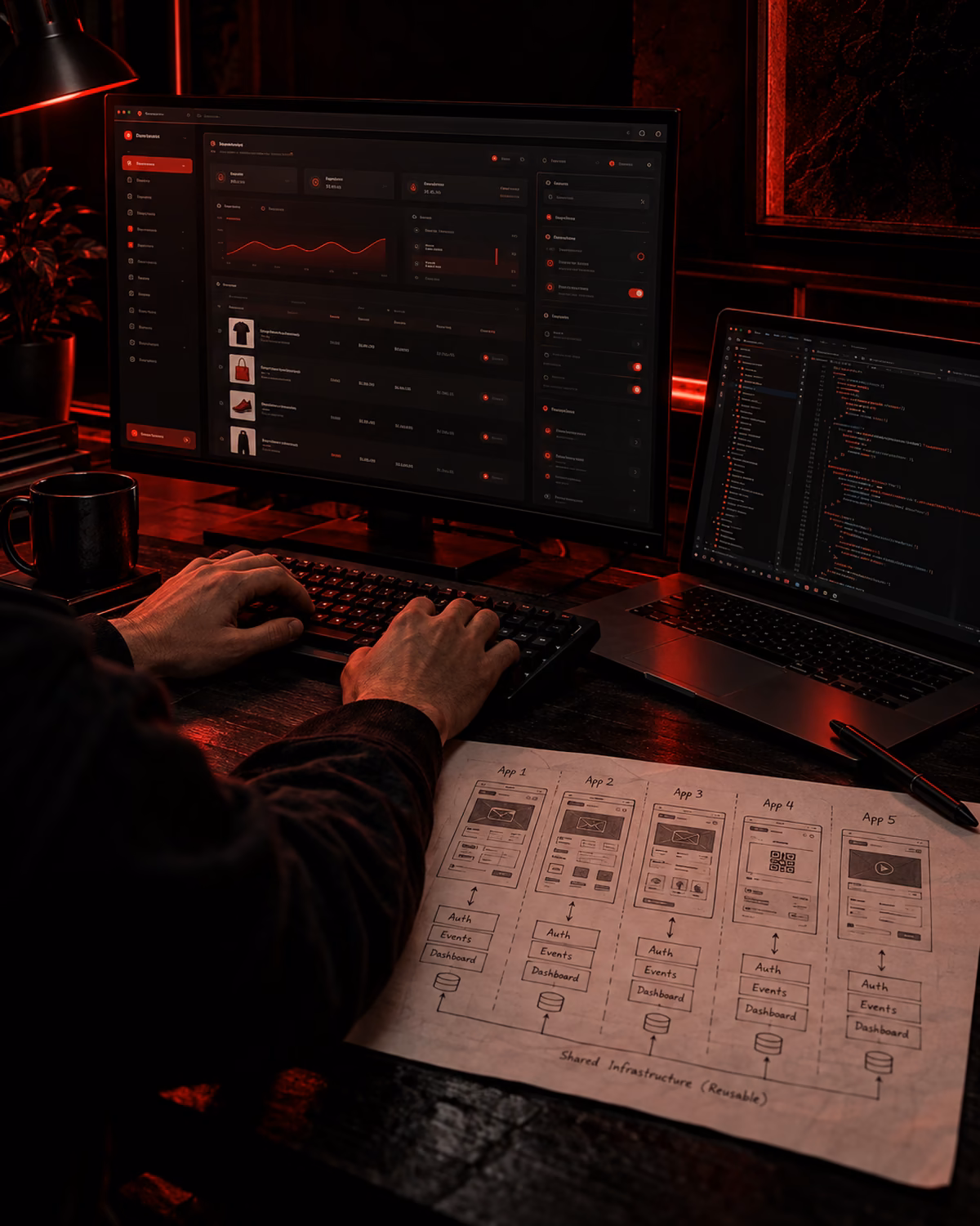 A developer building a merchant application with dashboard and planning notes
