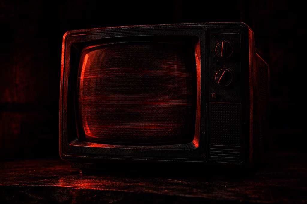 A vintage television in deep red shadows