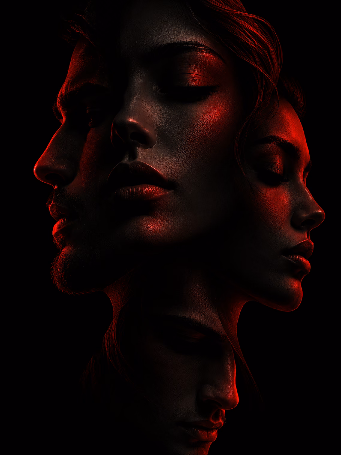 Overlapping faces in shadow with crimson lighting