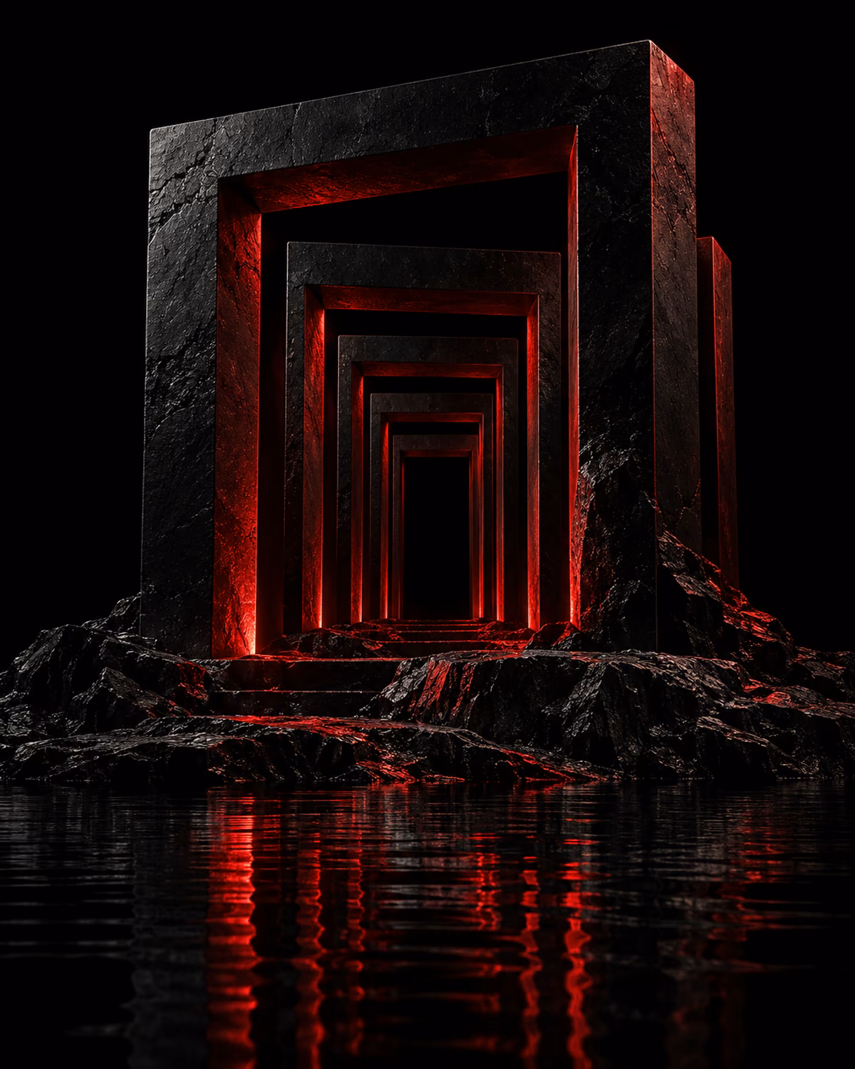 Architectural portals reflected in dark water