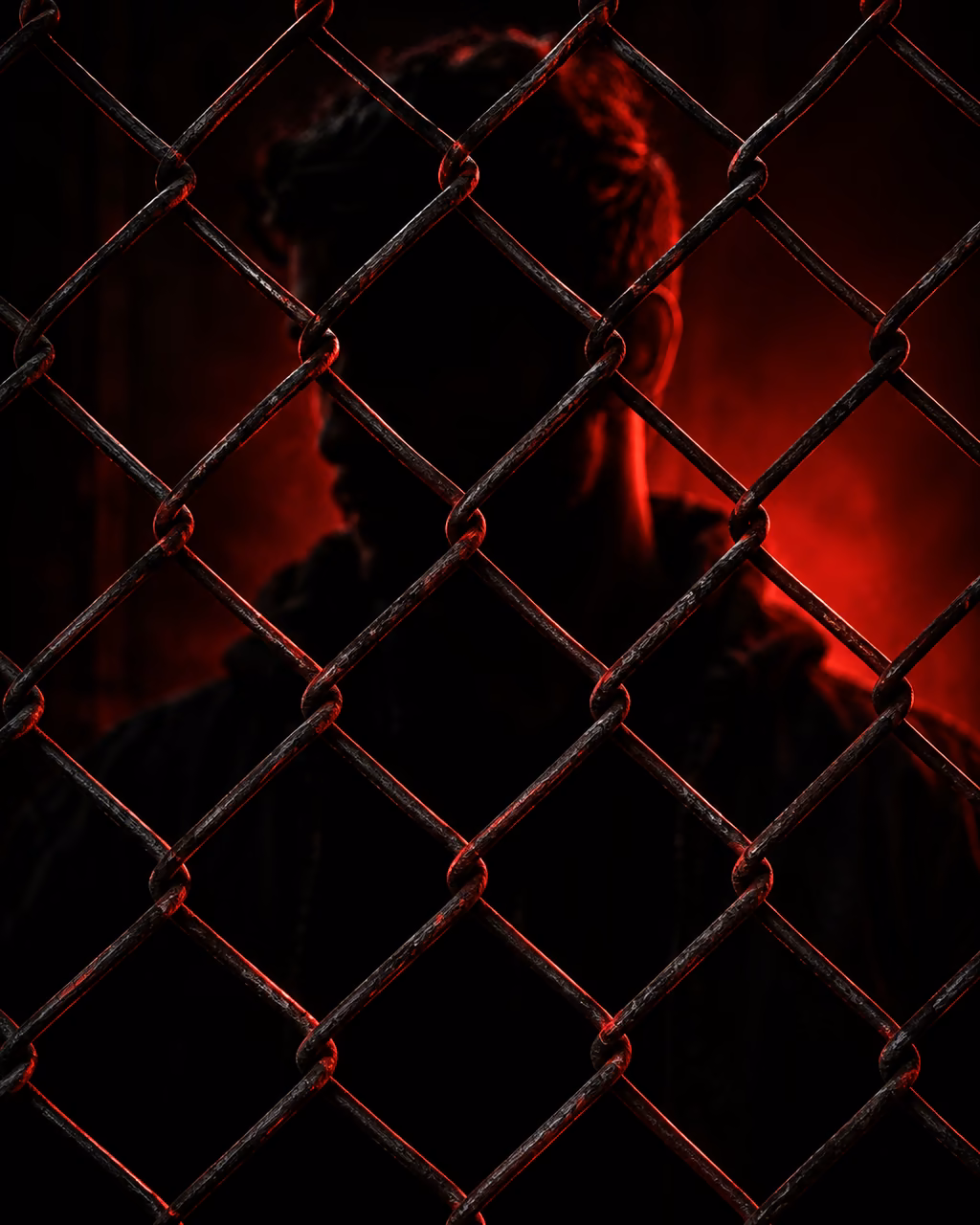 A shadowed figure behind a crimson-lit fence