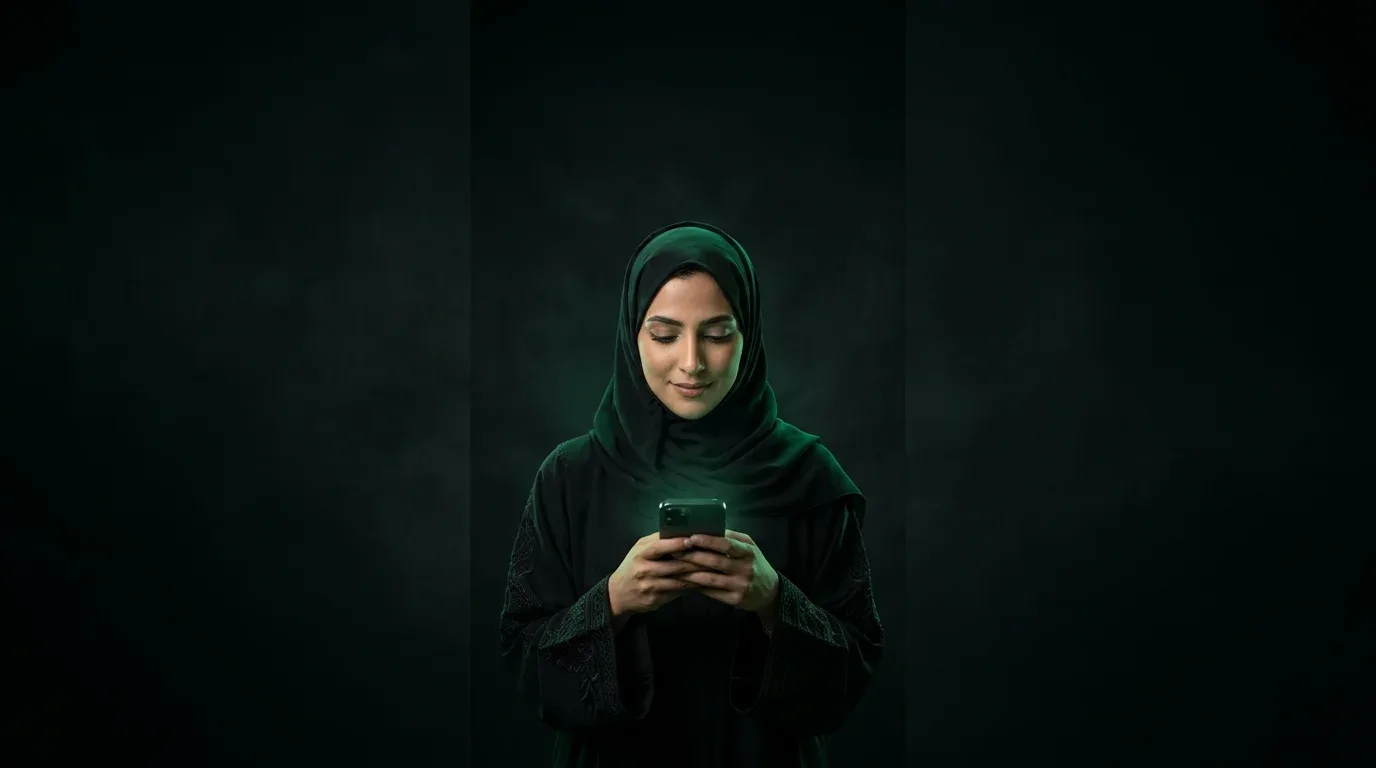 متسوقة بعباية تنظر إلى هاتفها المضيء